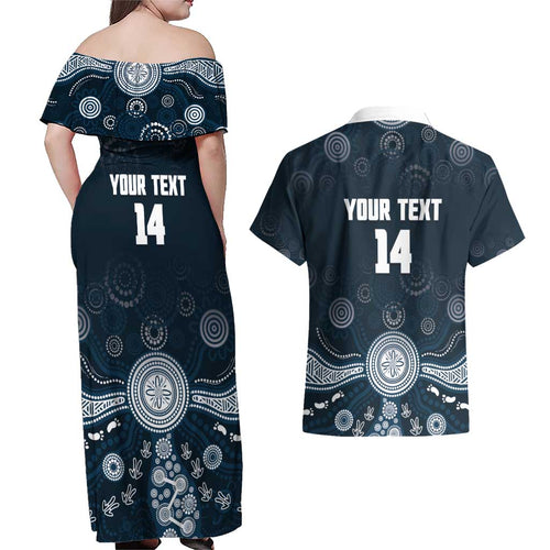 Custom Carlton Football Couples Matching Off Shoulder Maxi Dress and Hawaiian Shirt Go Blues Aboriginal Art - Aussie Hoodie