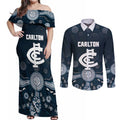 Custom Carlton Football Couples Matching Off Shoulder Maxi Dress and Long Sleeve Button Shirt Go Blues Aboriginal Art - Aussie Hoodie