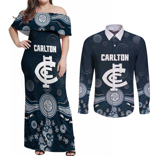Custom Carlton Football Couples Matching Off Shoulder Maxi Dress and Long Sleeve Button Shirt Go Blues Aboriginal Art - Aussie Hoodie