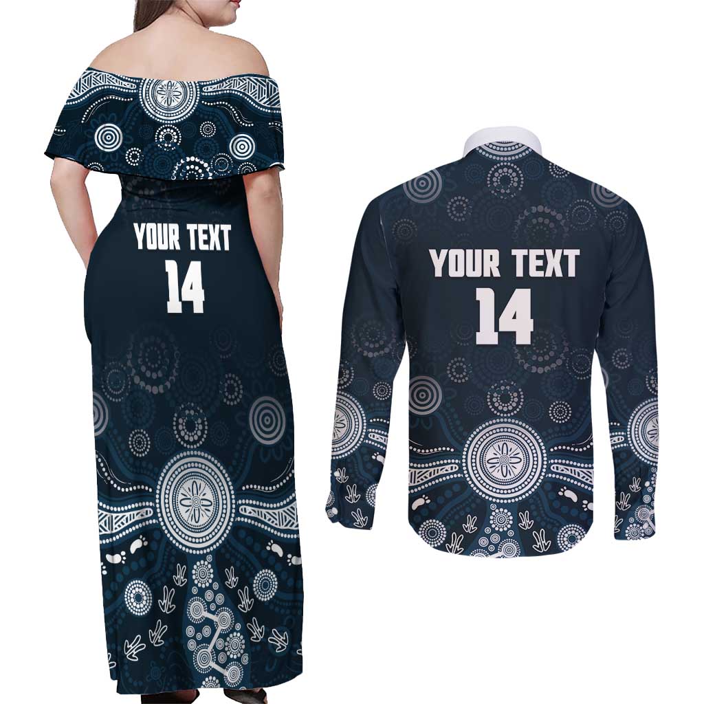 Custom Carlton Football Couples Matching Off Shoulder Maxi Dress and Long Sleeve Button Shirt Go Blues Aboriginal Art - Aussie Hoodie