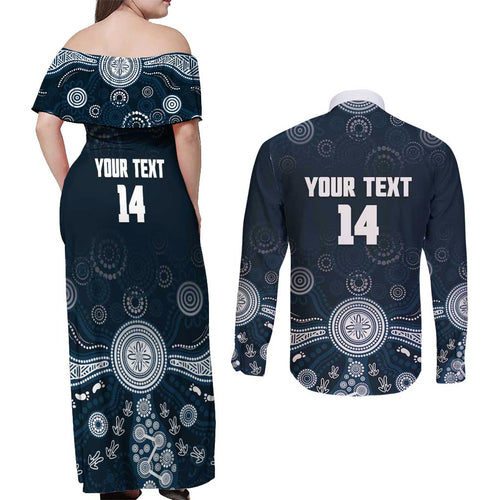 Custom Carlton Football Couples Matching Off Shoulder Maxi Dress and Long Sleeve Button Shirt Go Blues Aboriginal Art - Aussie Hoodie