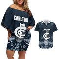 Custom Carlton Football Couples Matching Off Shoulder Short Dress and Hawaiian Shirt Go Blues Aboriginal Art - Aussie Hoodie