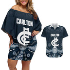 Custom Carlton Football Couples Matching Off Shoulder Short Dress and Hawaiian Shirt Go Blues Aboriginal Art - Aussie Hoodie