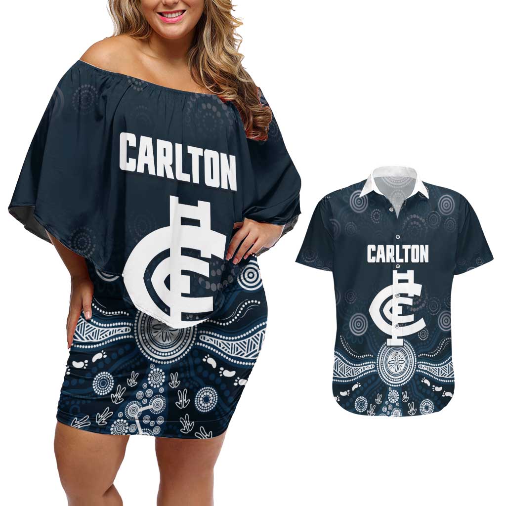 Custom Carlton Football Couples Matching Off Shoulder Short Dress and Hawaiian Shirt Go Blues Aboriginal Art - Aussie Hoodie
