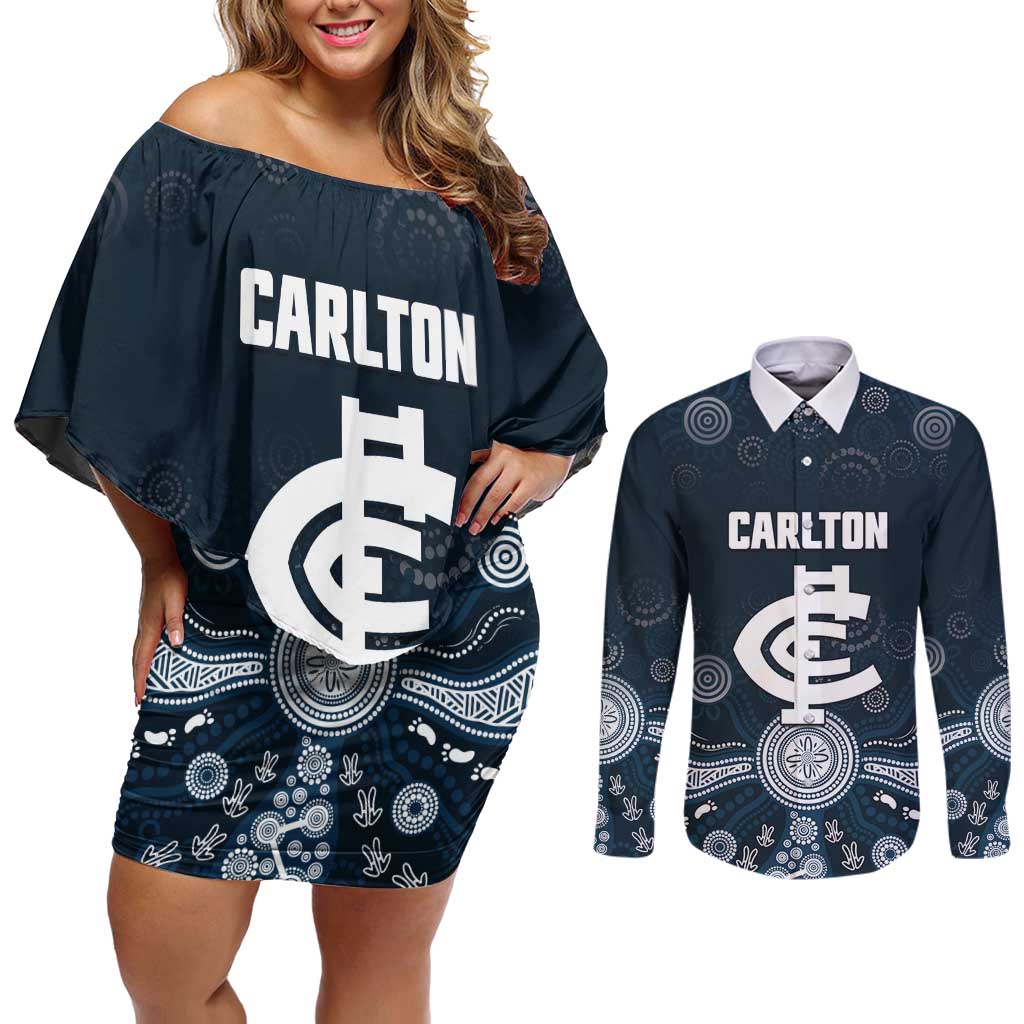 Custom Carlton Football Couples Matching Off Shoulder Short Dress and Long Sleeve Button Shirt Go Blues Aboriginal Art - Aussie Hoodie