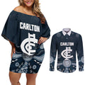 Custom Carlton Football Couples Matching Off Shoulder Short Dress and Long Sleeve Button Shirt Go Blues Aboriginal Art - Aussie Hoodie