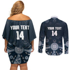 Custom Carlton Football Couples Matching Off Shoulder Short Dress and Long Sleeve Button Shirt Go Blues Aboriginal Art - Aussie Hoodie