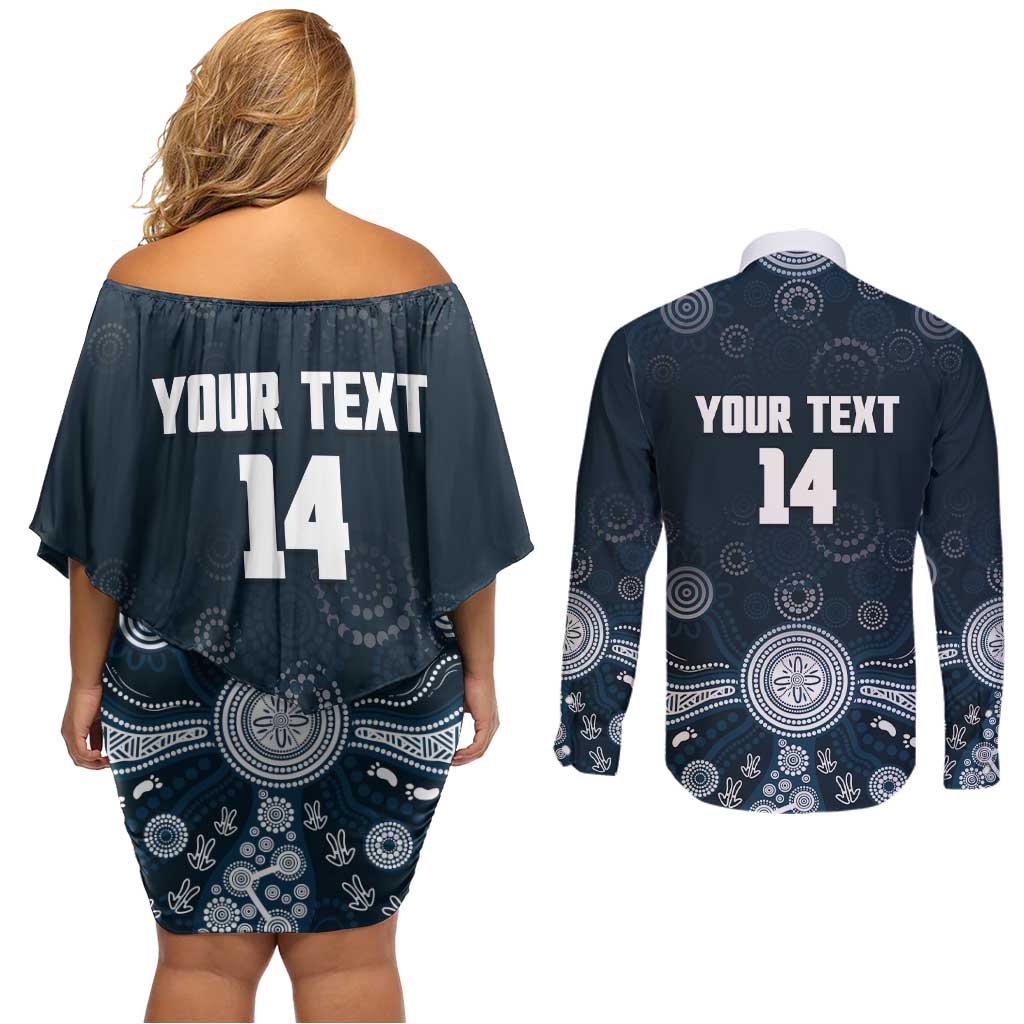 Custom Carlton Football Couples Matching Off Shoulder Short Dress and Long Sleeve Button Shirt Go Blues Aboriginal Art - Aussie Hoodie