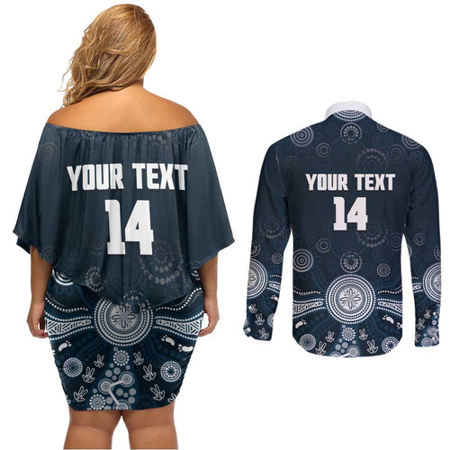 Custom Carlton Football Couples Matching Off Shoulder Short Dress and Long Sleeve Button Shirt Go Blues Aboriginal Art - Aussie Hoodie