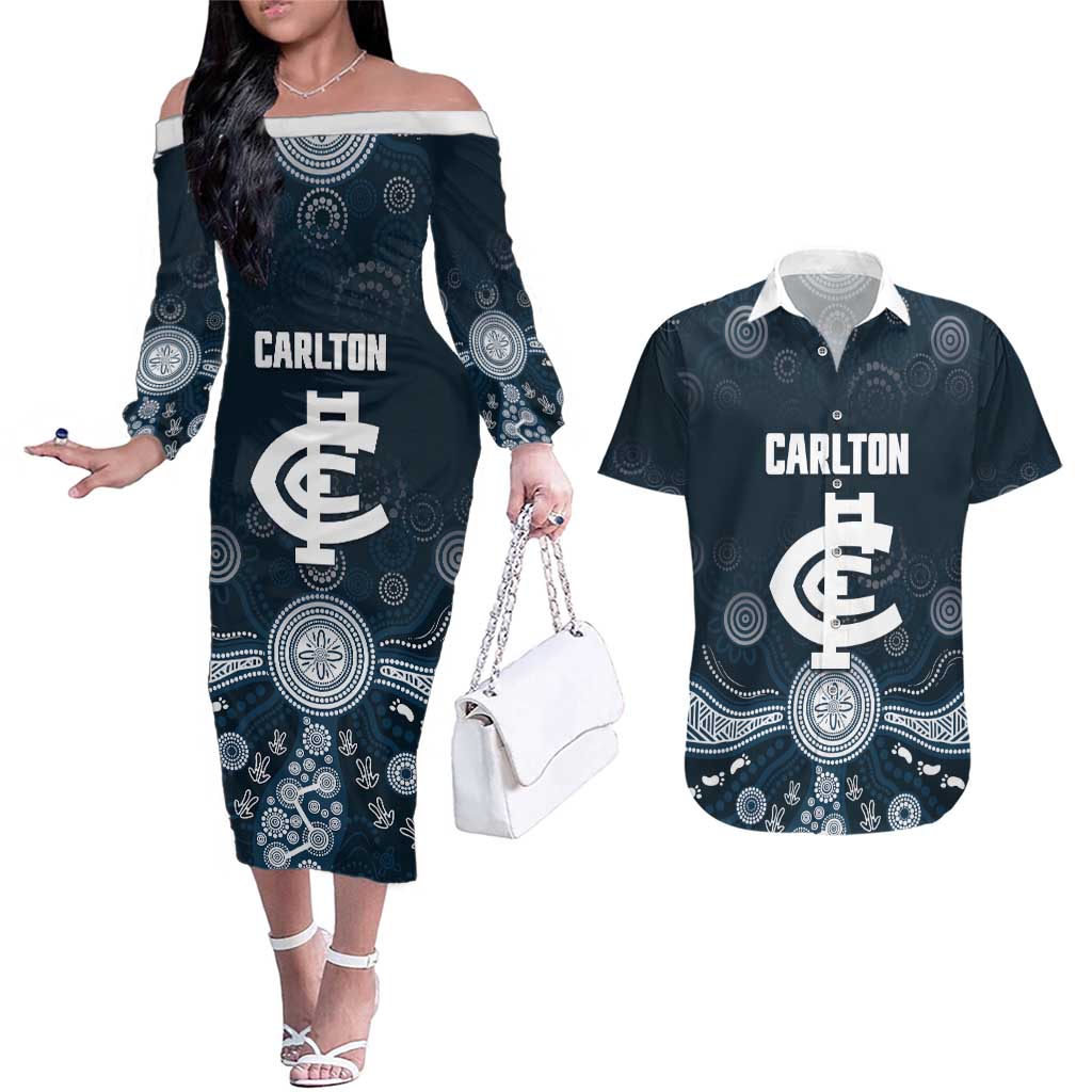 Custom Carlton Football Couples Matching Off The Shoulder Long Sleeve Dress and Hawaiian Shirt Go Blues Aboriginal Art - Aussie Hoodie