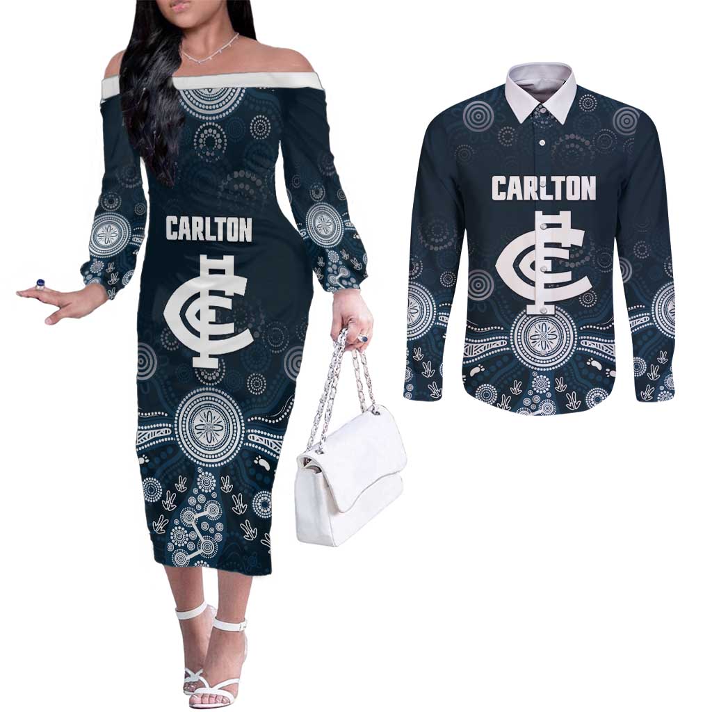Custom Carlton Football Couples Matching Off The Shoulder Long Sleeve Dress and Long Sleeve Button Shirt Go Blues Aboriginal Art - Aussie Hoodie