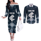 Custom Carlton Football Couples Matching Off The Shoulder Long Sleeve Dress and Long Sleeve Button Shirt Go Blues Aboriginal Art - Aussie Hoodie