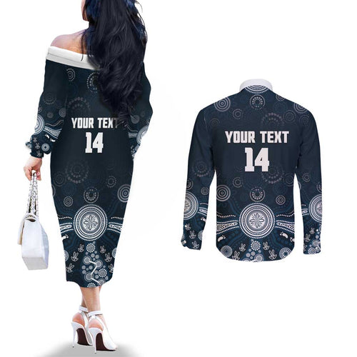 Custom Carlton Football Couples Matching Off The Shoulder Long Sleeve Dress and Long Sleeve Button Shirt Go Blues Aboriginal Art - Aussie Hoodie
