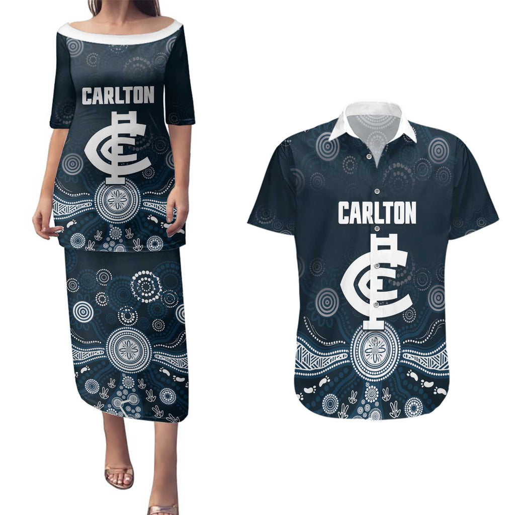 Custom Carlton Football Couples Matching Puletasi and Hawaiian Shirt Go Blues Aboriginal Art - Aussie Hoodie