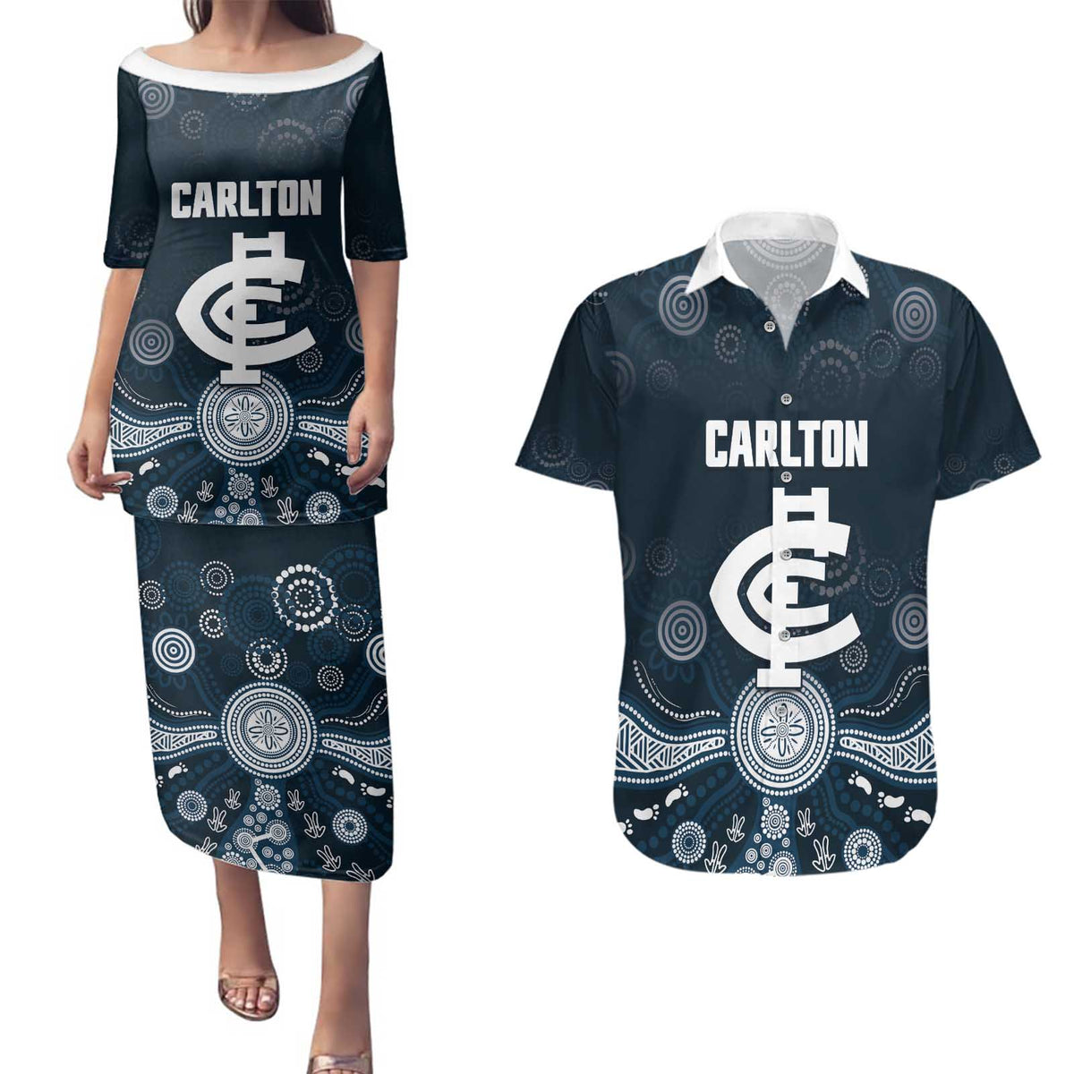 Custom Carlton Football Couples Matching Puletasi and Hawaiian Shirt Go Blues Aboriginal Art - Aussie Hoodie