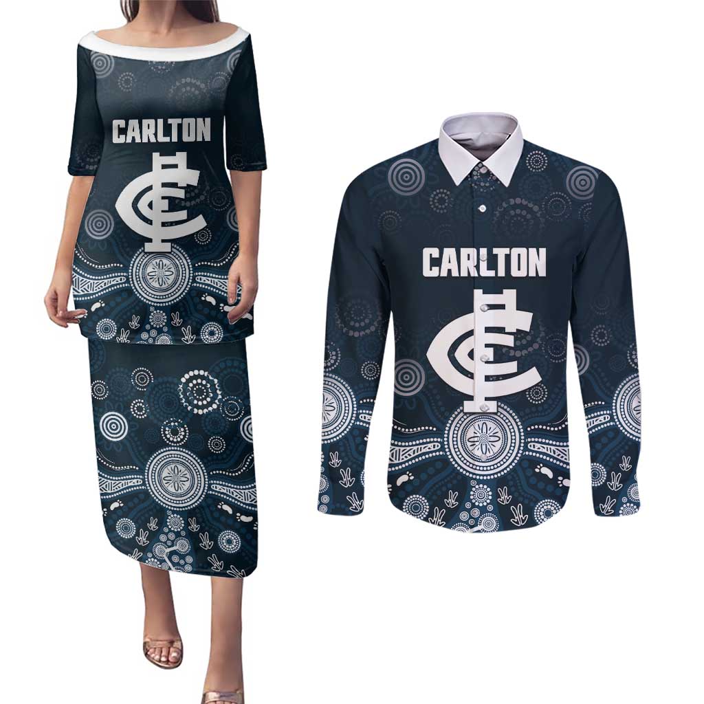 Custom Carlton Football Couples Matching Puletasi and Long Sleeve Button Shirt Go Blues Aboriginal Art - Aussie Hoodie