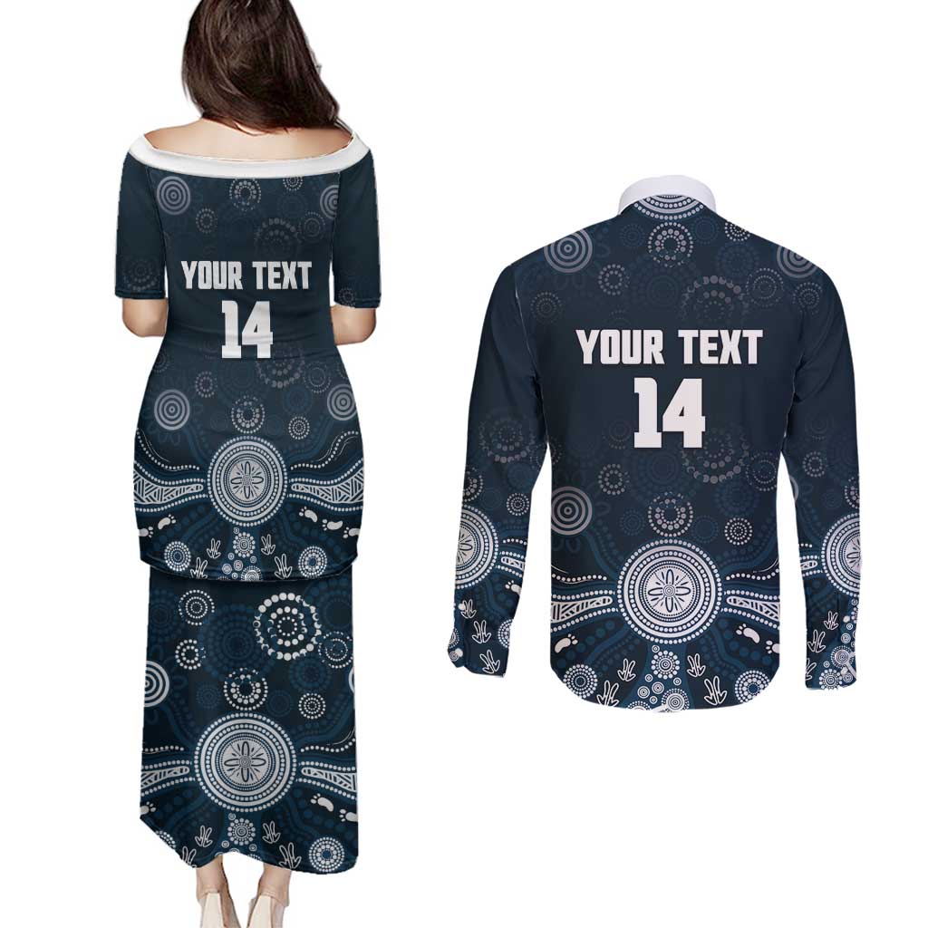 Custom Carlton Football Couples Matching Puletasi and Long Sleeve Button Shirt Go Blues Aboriginal Art - Aussie Hoodie