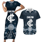 Custom Carlton Football Couples Matching Short Sleeve Bodycon Dress and Hawaiian Shirt Go Blues Aboriginal Art - Aussie Hoodie