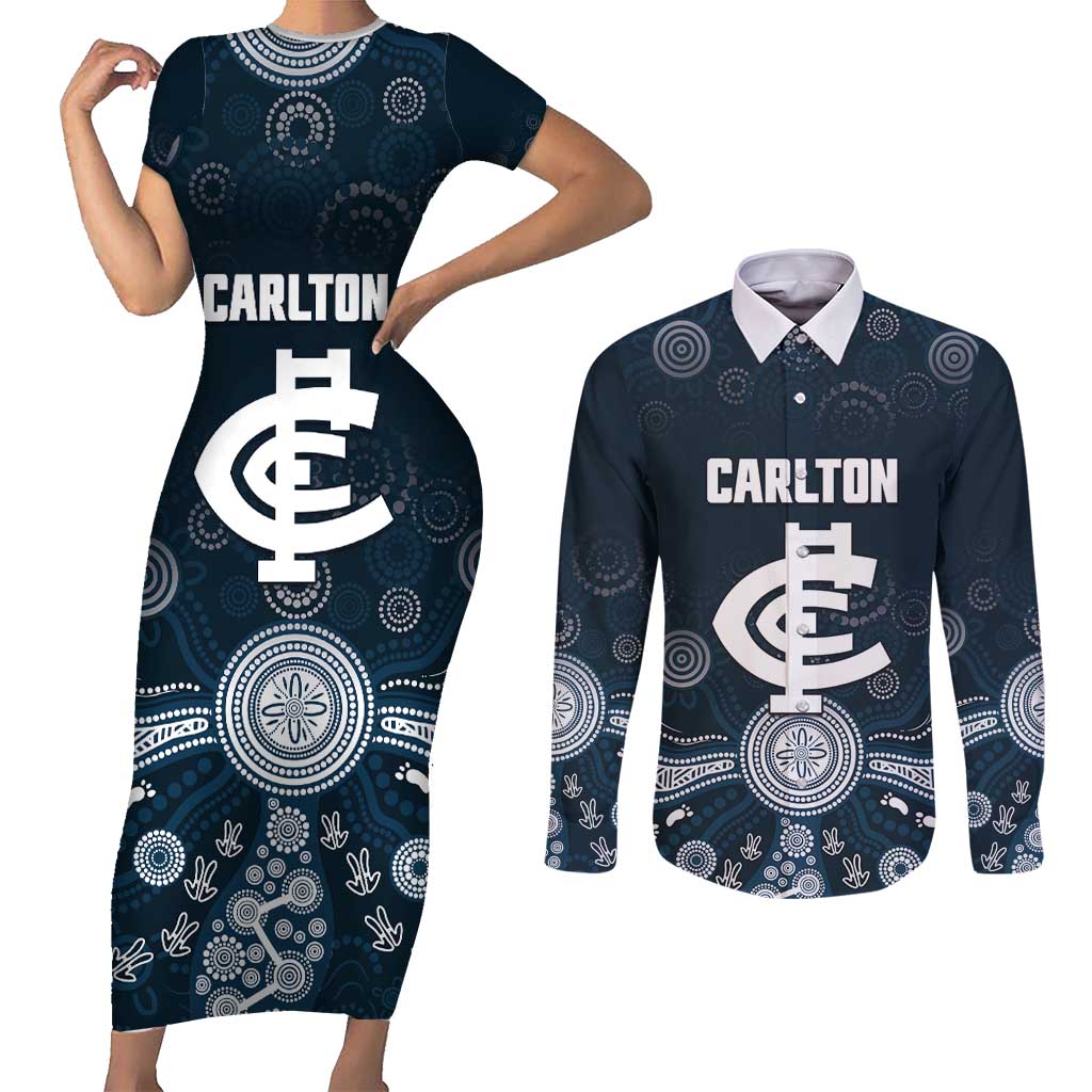 Custom Carlton Football Couples Matching Short Sleeve Bodycon Dress and Long Sleeve Button Shirt Go Blues Aboriginal Art - Aussie Hoodie