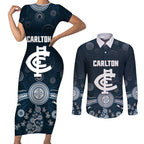 Custom Carlton Football Couples Matching Short Sleeve Bodycon Dress and Long Sleeve Button Shirt Go Blues Aboriginal Art - Aussie Hoodie