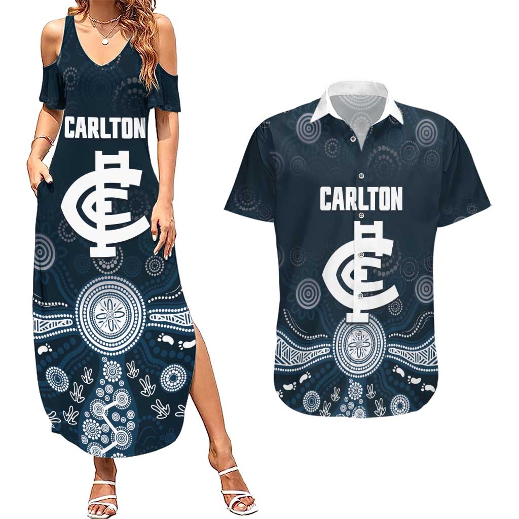 Custom Carlton Football Couples Matching Summer Maxi Dress and Hawaiian Shirt Go Blues Aboriginal Art - Aussie Hoodie