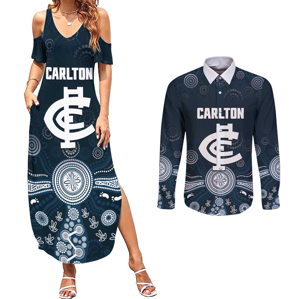 Custom Carlton Football Couples Matching Summer Maxi Dress and Long Sleeve Button Shirt Go Blues Aboriginal Art - Aussie Hoodie