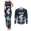 Custom Carlton Football Couples Matching Tank Maxi Dress and Long Sleeve Button Shirt Go Blues Aboriginal Art - Aussie Hoodie
