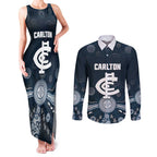 Custom Carlton Football Couples Matching Tank Maxi Dress and Long Sleeve Button Shirt Go Blues Aboriginal Art - Aussie Hoodie