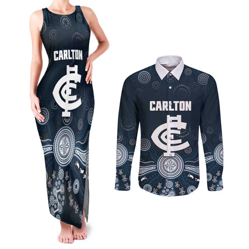 Custom Carlton Football Couples Matching Tank Maxi Dress and Long Sleeve Button Shirt Go Blues Aboriginal Art - Aussie Hoodie