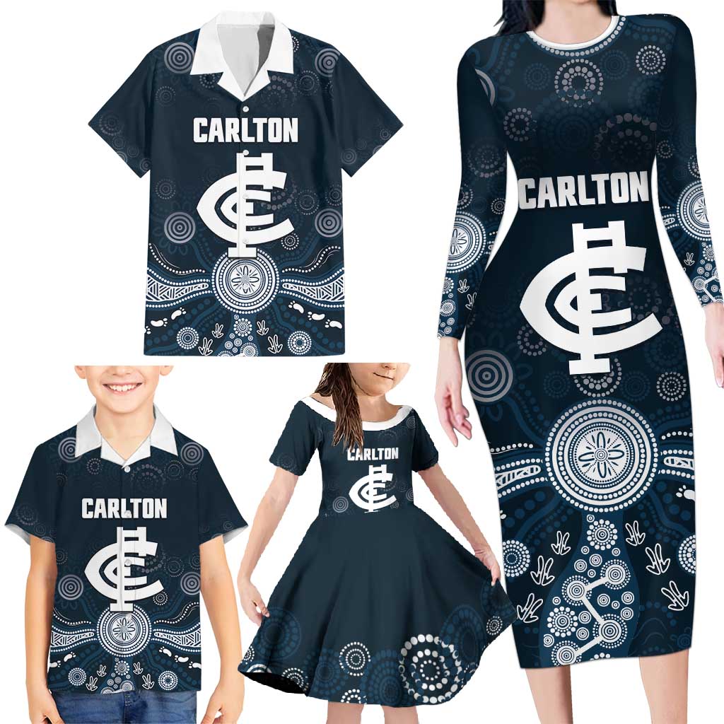 Custom Carlton Football Family Matching Long Sleeve Bodycon Dress and Hawaiian Shirt Go Blues Aboriginal Art - Aussie Hoodie
