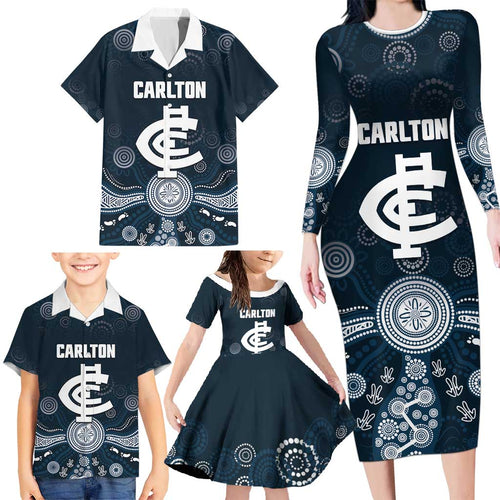 Custom Carlton Football Family Matching Long Sleeve Bodycon Dress and Hawaiian Shirt Go Blues Aboriginal Art - Aussie Hoodie