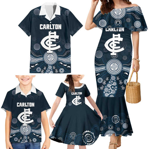 Custom Carlton Football Family Matching Mermaid Dress and Hawaiian Shirt Go Blues Aboriginal Art - Aussie Hoodie