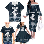Custom Carlton Football Family Matching Off The Shoulder Long Sleeve Dress and Hawaiian Shirt Go Blues Aboriginal Art - Aussie Hoodie