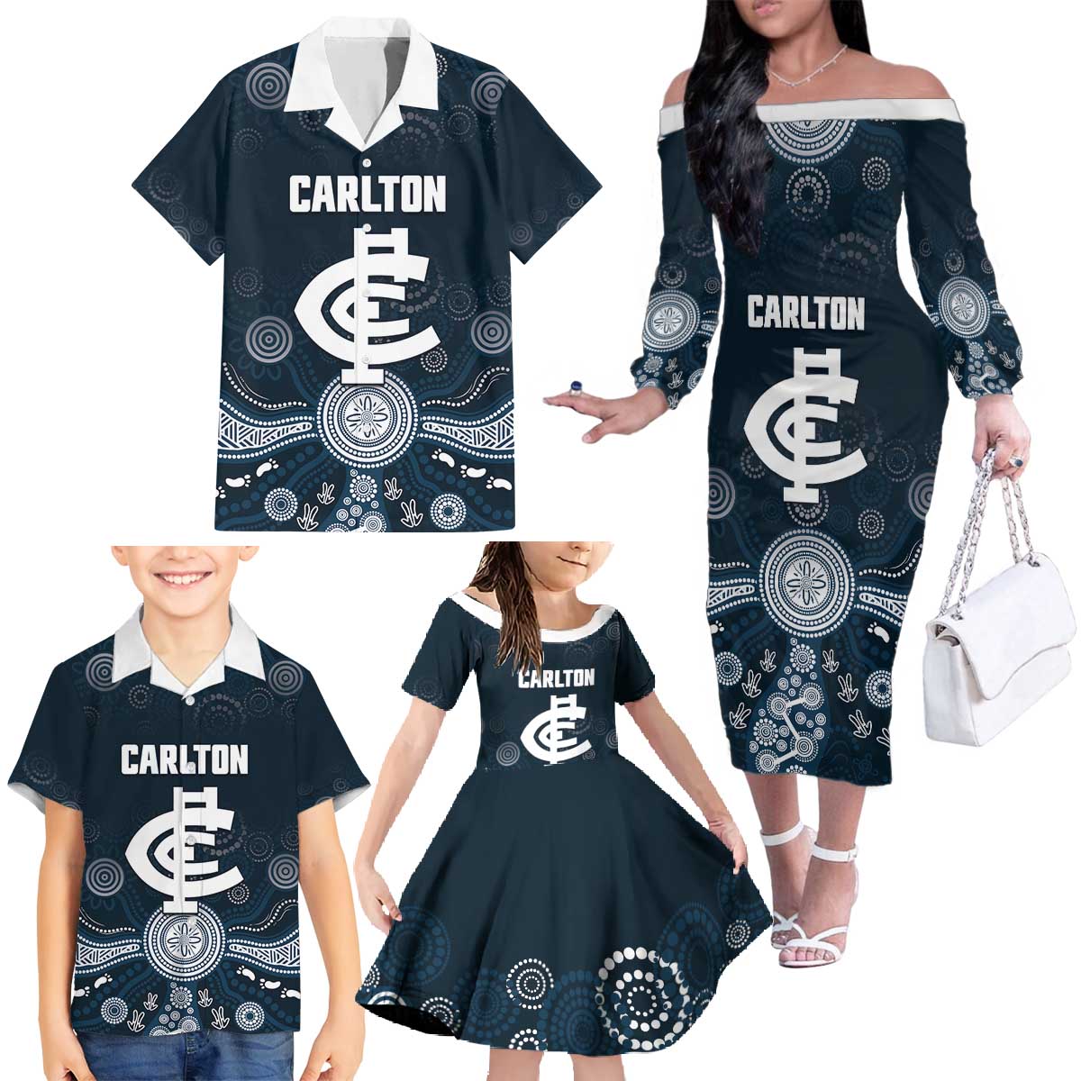 Custom Carlton Football Family Matching Off The Shoulder Long Sleeve Dress and Hawaiian Shirt Go Blues Aboriginal Art - Aussie Hoodie