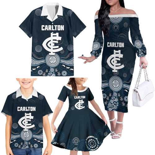 Custom Carlton Football Family Matching Off The Shoulder Long Sleeve Dress and Hawaiian Shirt Go Blues Aboriginal Art - Aussie Hoodie