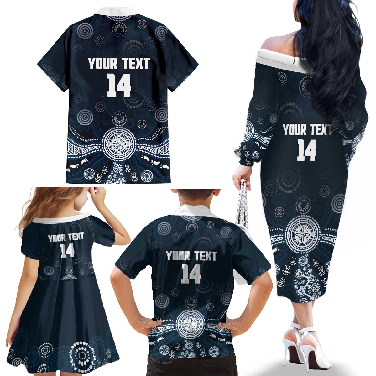 Custom Carlton Football Family Matching Off The Shoulder Long Sleeve Dress and Hawaiian Shirt Go Blues Aboriginal Art - Aussie Hoodie