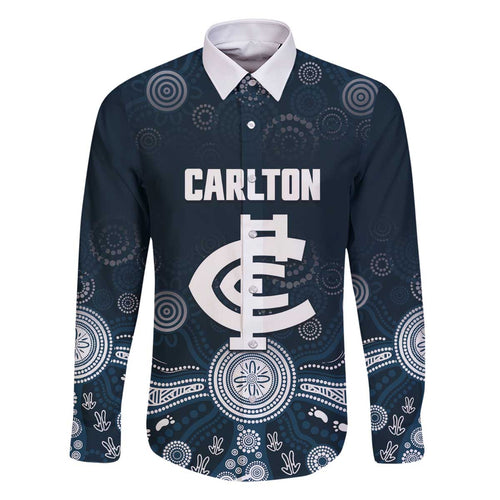 Custom Carlton Football Family Matching Off The Shoulder Long Sleeve Dress and Hawaiian Shirt Go Blues Aboriginal Art - Aussie Hoodie