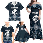 Custom Carlton Football Family Matching Off Shoulder Maxi Dress and Hawaiian Shirt Go Blues Aboriginal Art - Aussie Hoodie