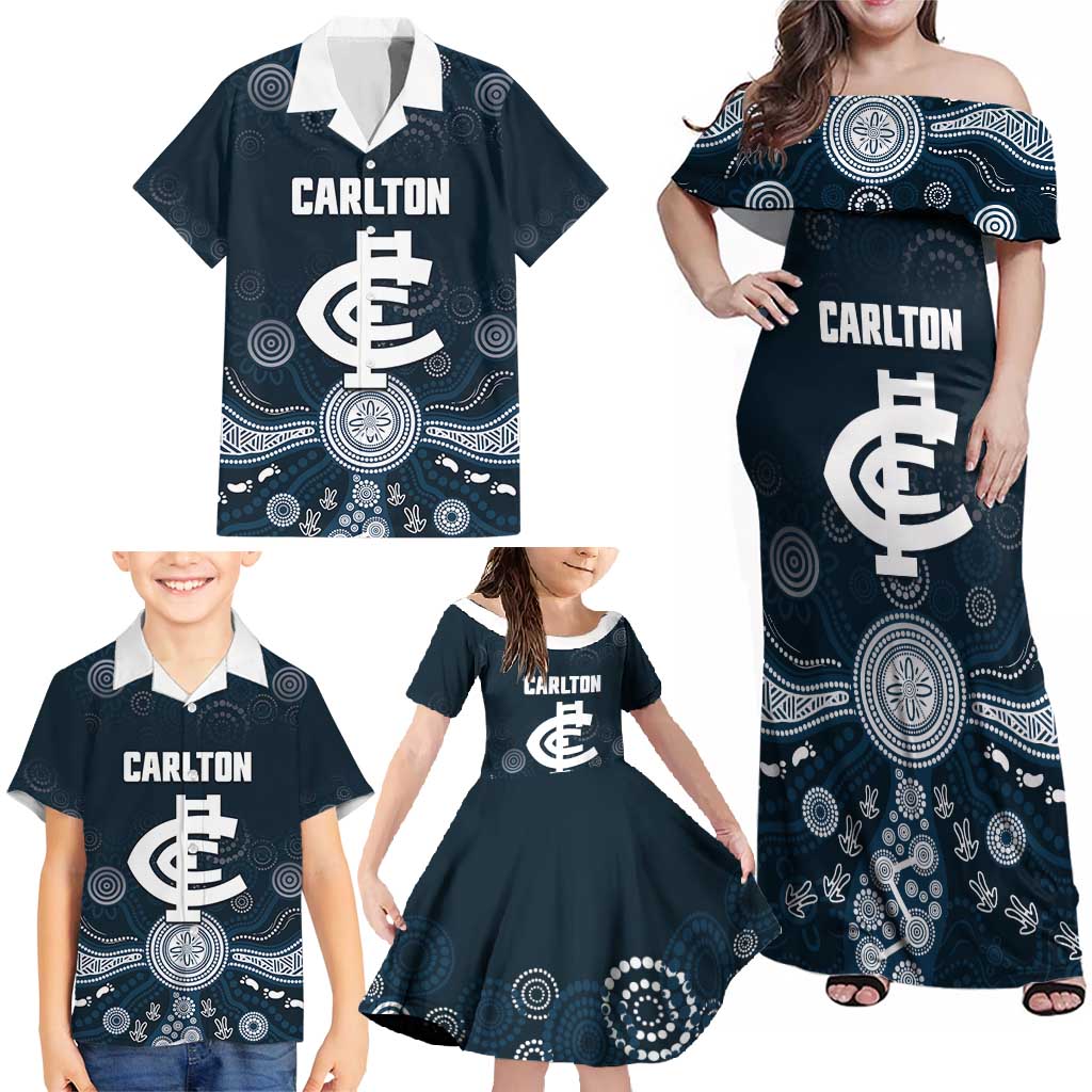 Custom Carlton Football Family Matching Off Shoulder Maxi Dress and Hawaiian Shirt Go Blues Aboriginal Art - Aussie Hoodie