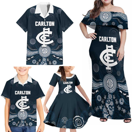 Custom Carlton Football Family Matching Off Shoulder Maxi Dress and Hawaiian Shirt Go Blues Aboriginal Art - Aussie Hoodie