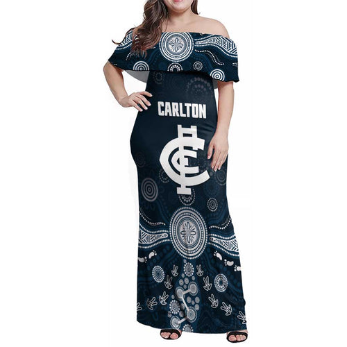 Custom Carlton Football Family Matching Off Shoulder Maxi Dress and Hawaiian Shirt Go Blues Aboriginal Art - Aussie Hoodie