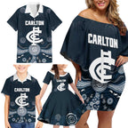 Custom Carlton Football Family Matching Off Shoulder Short Dress and Hawaiian Shirt Go Blues Aboriginal Art - Aussie Hoodie