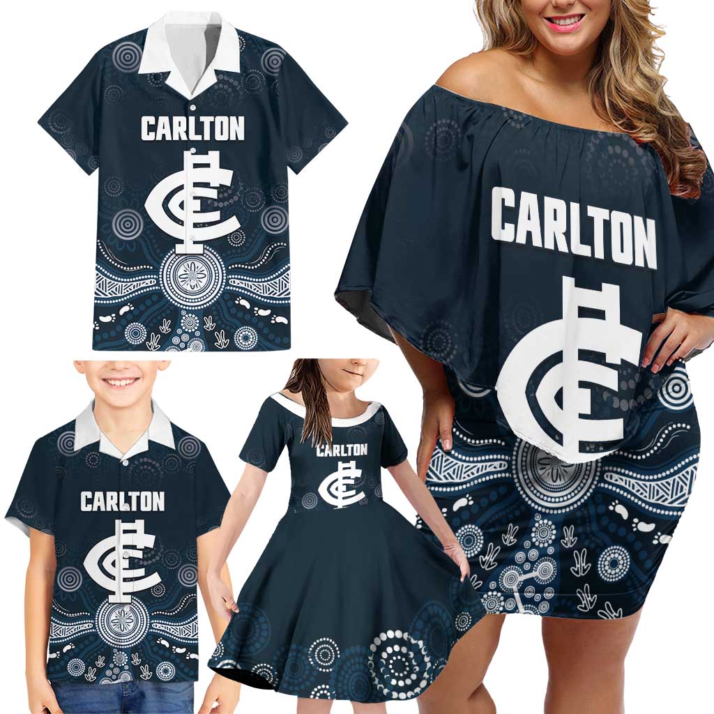 Custom Carlton Football Family Matching Off Shoulder Short Dress and Hawaiian Shirt Go Blues Aboriginal Art - Aussie Hoodie