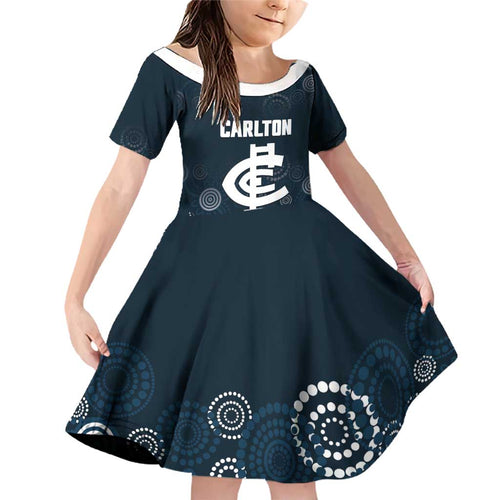 Custom Carlton Football Family Matching Off Shoulder Short Dress and Hawaiian Shirt Go Blues Aboriginal Art - Aussie Hoodie