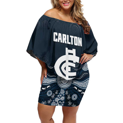 Custom Carlton Football Family Matching Off Shoulder Short Dress and Hawaiian Shirt Go Blues Aboriginal Art - Aussie Hoodie