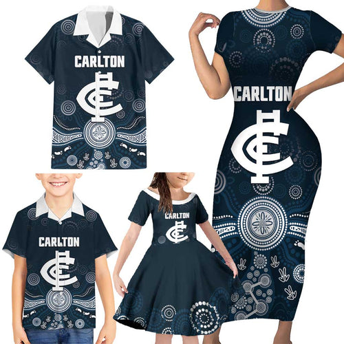 Custom Carlton Football Family Matching Short Sleeve Bodycon Dress and Hawaiian Shirt Go Blues Aboriginal Art - Aussie Hoodie
