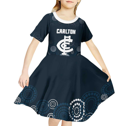 Custom Carlton Football Kid Short Sleeve Dress Go Blues Aboriginal Art - Aussie Hoodie