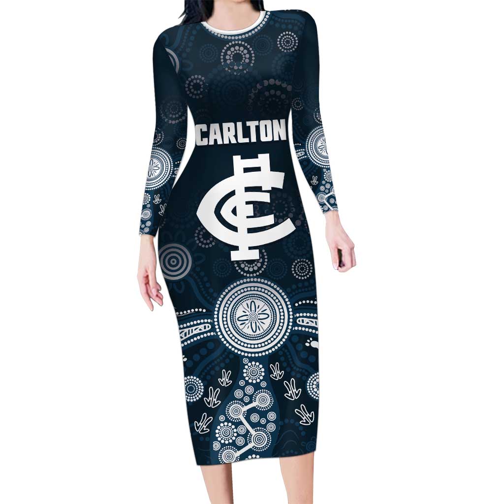 Custom Carlton Football Long Sleeve Bodycon Dress Go Blues Aboriginal Art - Aussie Hoodie