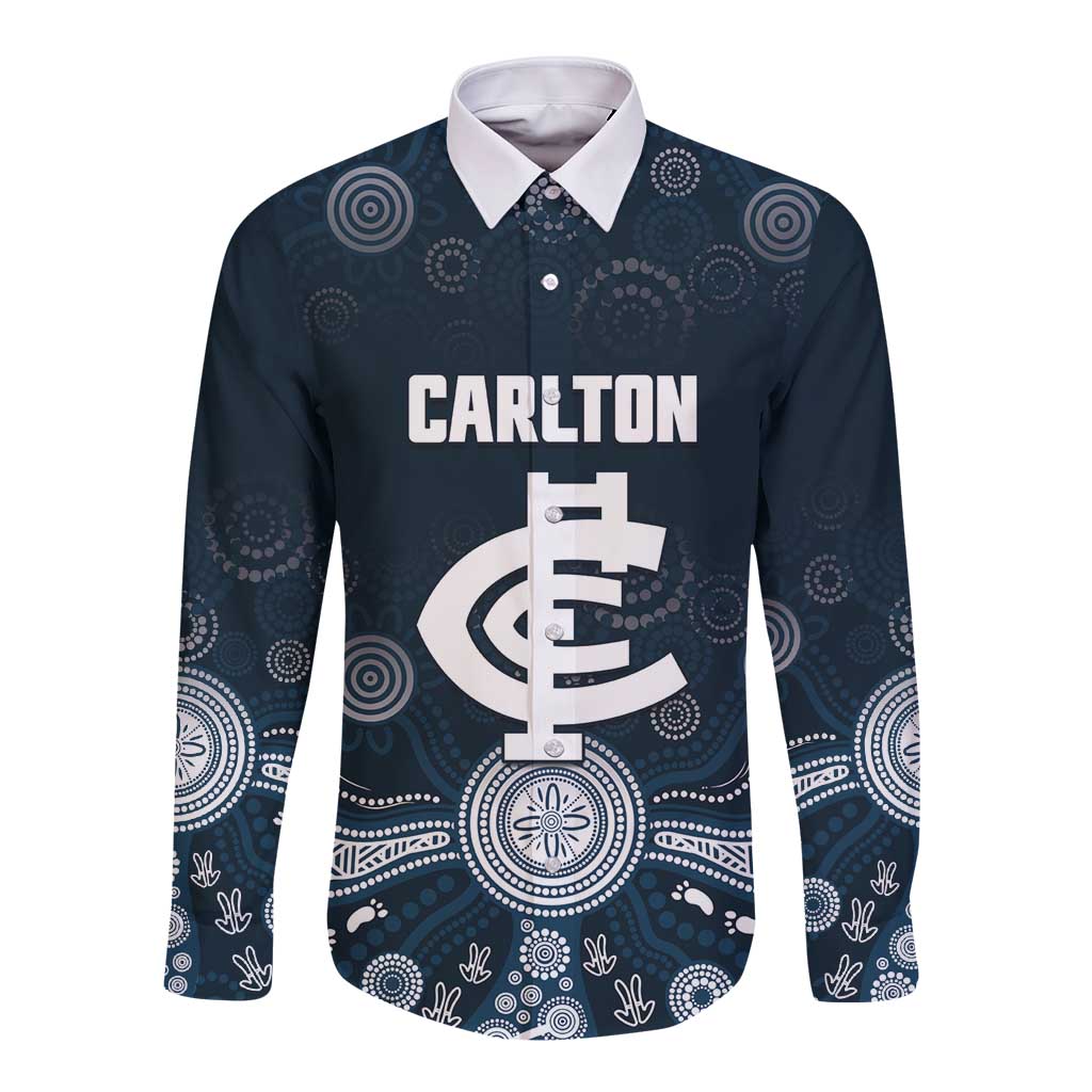 Custom Carlton Football Long Sleeve Button Shirt Go Blues Aboriginal Art - Aussie Hoodie