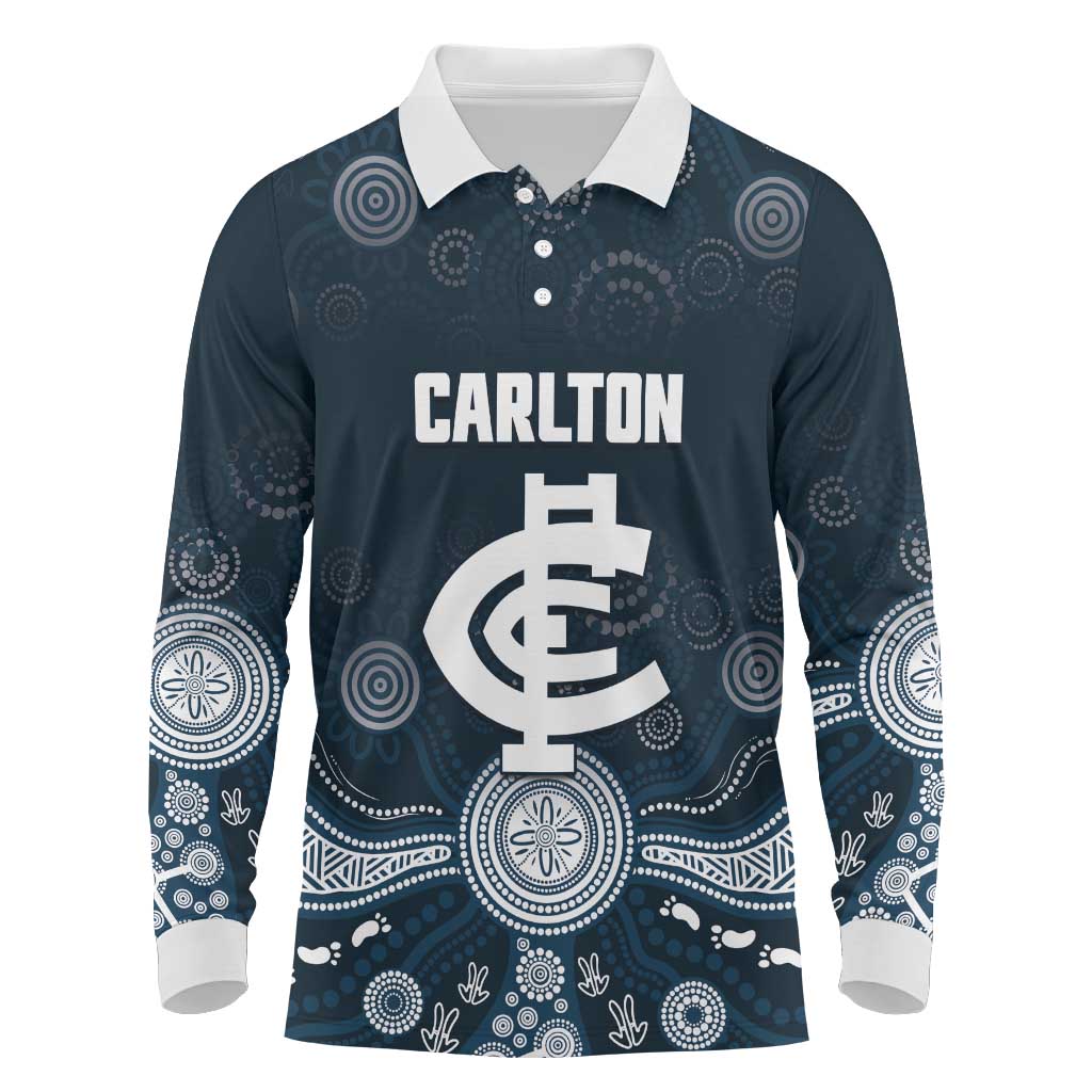 Custom Carlton Football Long Sleeve Polo Shirt Go Blues Aboriginal Art - Aussie Hoodie